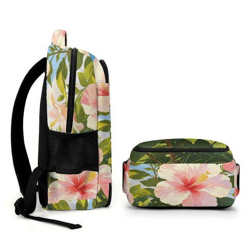 Side view of Blue Sky Hibiscus Print Backpack for Everyday Use Unisex Large Capacity Daypack Durable Polyester Travel School Bag With Smooth Zippers