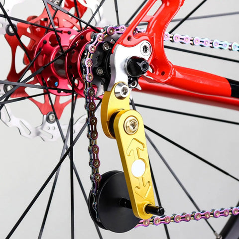 Upgrade Your Ride With This Tough Aluminum And Steel Single Speed Conversion Kit Chain Tensioner Guide For Easy Bicycles Adjuster Setup That Prevents Derailments And Keeps You Cruising Smooth On Every Dirt Track Or City Street Without Breaking A, rear bike chain tensioner on red frame