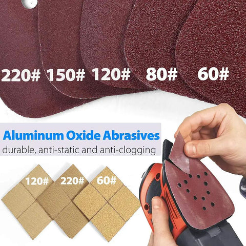 No Fuss Mouse Sander Sanding Pads Set, 50 Pack With 60 80 120 150 And 220 Grits shown with a sander and aluminum oxide pads