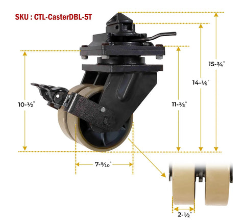 Four Pack 8 Inch ISO Shipping Container Double Caster Wheels With Brakes, side view dimensions, steel frame, nylon wheel