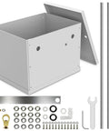 Heavy Duty Aluminum Battery Relocation Box Kit For Cars Trucks And SUVs With Hassle Free Mounting Hardware parts and open view.