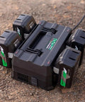 4 Port Pro Grade Battery Charger for 18V and 36V Lithium Ion Tools on job site, fast charge mode