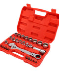 Red case with Pass Through Socket Set With Three Eighths And One Half Inch Drive Sockets 72 Tooth Reversible Ratchet Tool Kit.