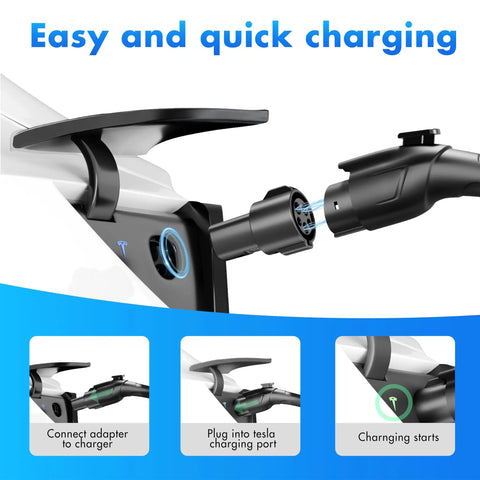 J1772 To Tesla Adapter Slick EV Charger Connector For Model 3 Y S X And Cybertruck charging connection process demonstration image.