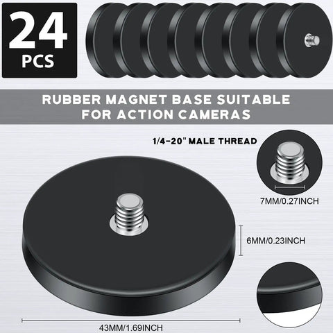 Heavy Duty Neodymium Round Magnets Featuring An Insanely Strong Rubber Coated Base And Quarter Inch Twenty Threaded Stud For Rock Solid Action Camera And Led Light Mounting In A 24 Piece Pack, 43mm rubber base, 1/4-20 thread.