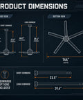 Badass 144 Inch HVLS Industrial Ceiling Fan For Warehouses And Gyms product dimension chart with side and bottom views.