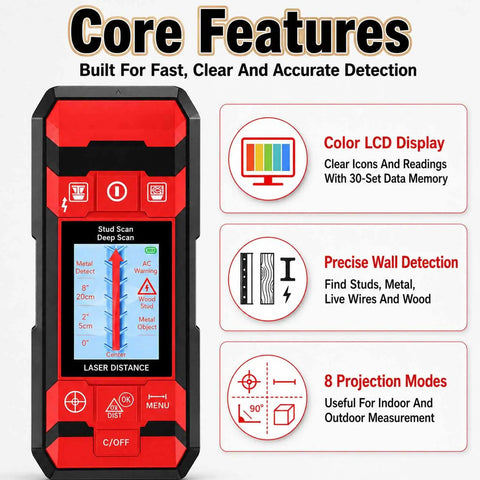 Heavy Duty Wall Scanner And Stud Finder With Smart Sensor Digital Lcd Display features color display and buttons for precise detection.