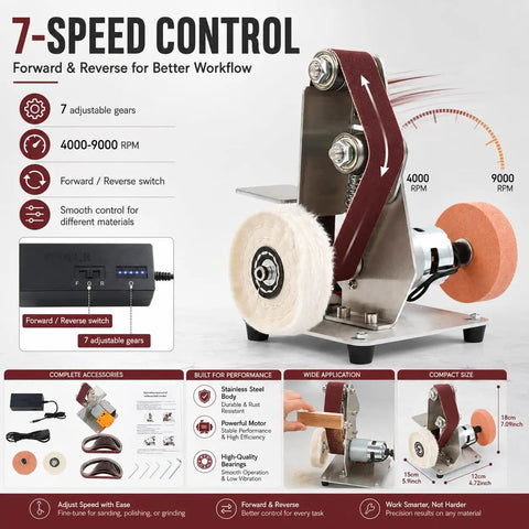 Badass Electric Belt Sander Featuring Adjustable Angle And Seven Speed Switches Spanning Four Thousand To Nine Thousand RPM for metal grinding.