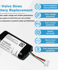 Volvo Digital Siren Alarm Battery Replacement 750mAh 3.42Wh with protective features and compatibility details.