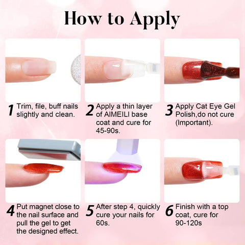 How to apply Cat Eye Gel Polish With Magnet 15ml Hema Free Vegan Cruelty Free Shimmer Glitter UV Gel For Nail Art steps 1-6