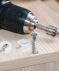 White Furniture Shelf Support Pegs Cam Lock Fasteners With Cabinet Connectors For Hidden Shelf Brackets And Wardrobe Panel Assembly 30 Piece Set with screws and drill.