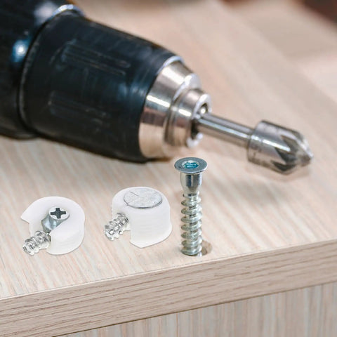 White Furniture Shelf Support Pegs Cam Lock Fasteners With Cabinet Connectors For Hidden Shelf Brackets And Wardrobe Panel Assembly 30 Piece Set with screws and drill.