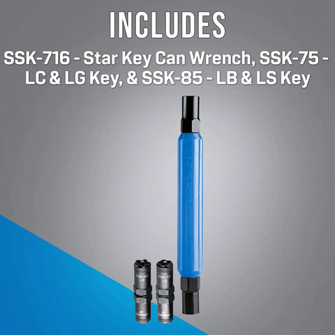 SSK-876 Star Key Can Wrench Kit With LC LG LB LS Pattern Keys, Two 7/16 Inch Deep Hex Sockets for Outdoor Pedestal Locks