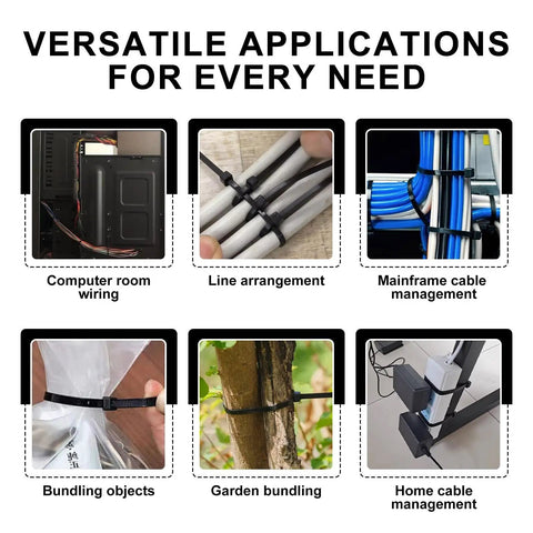 Assorted Black Zip Ties Kit With Five Sizes 4, 6, 8, 10, 12 Inches for versatile applications like wiring and bundling.