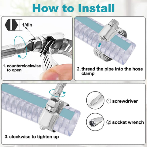 Installation steps for stainless steel hose clamps 2 inch to 3 inch adjustable worm gear kit 20 pack showing tightening process.