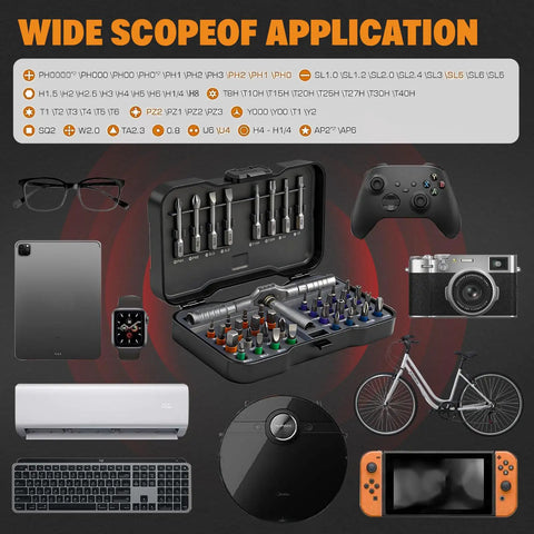 42 In 1 Magnetic Ratchet Screwdriver Set With Detachable Handle, 8 Long And 32 Short Precision Bits including repair kit, shown with various electronics and a bicycle.