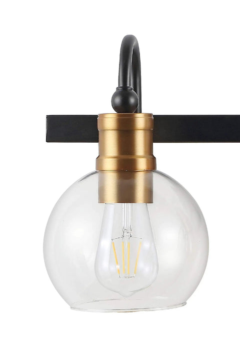Close-up of 21.5 Inch Black And Brass Gold Vintage Wall Sconce With Clear Glass Globe Shade Sleek Industrial Arched LED Vanity Light