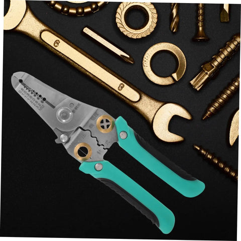 Heavy Duty Insulated Wire Strippers Pro Grade Electrical Pliers displayed among various tools, showcasing its durability and design.