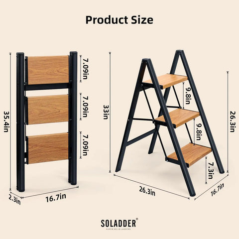 Three Step Ladder With Anti Slip Pedals, Folding Step Stool In Black And Woodgrain, Lightweight Aluminum Frame, 33in tall