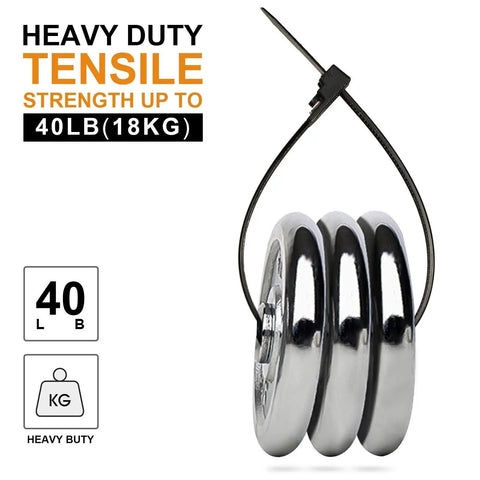 100 Pcs 8 Inch Heavy Duty Zip Ties 40 Lbs Tensile Strength Releasable And Reusable Nylon PA66 Self Lock Cable Ties For Garden Plants Vines And Home Office Projects holding weights, showcasing durability.