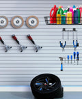 Six Pack Slatwall Screwdriver And Plier Holders Set Stainless Steel Slat Wall Tool Hooks Multi Ring Organizers on white panel