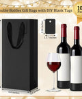 100 Pack Durable Black Paper Wine Carry Bags For Two Bottles Premium Gift Carriers With Free Labels beside two wine bottles.