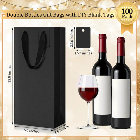 100 Pack Durable Black Paper Wine Carry Bags For Two Bottles Premium Gift Carriers With Free Labels beside two wine bottles.