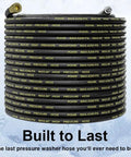 Beefy Fifty Foot Pressure Washer Hose With Three Eighths Inch Quick Connect Kink Resistant Wire Braided High Tensile Hose Heavy Duty 4200 PSI Power Washer Includes Two M22 Adapters 14mm For Quick Fit coiled view