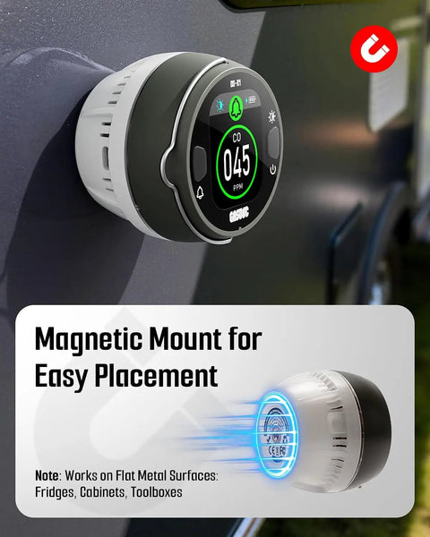 Portable Carbon Monoxide Detector With Ambient Light, Magnetic Mount And Metal Hook, Travel CO Monitor on metal surface