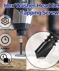 Heavy Duty Number Twelve By Three Quarter Hex Washer Head Self Tapping Screws Black Finished Stainless Steel Tek Self Drilling Sheet Metal Fasteners being used with a drill.