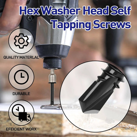 Heavy Duty Number Twelve By Three Quarter Hex Washer Head Self Tapping Screws Black Finished Stainless Steel Tek Self Drilling Sheet Metal Fasteners being used with a drill.