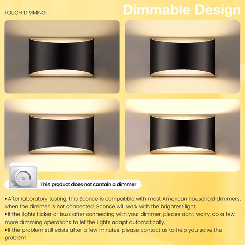 Dimmable Black LED Wall Sconces Set Of 2 With Up Down Lighting, shown in dimming sequence, modern indoor wall lamps, warm white glow.