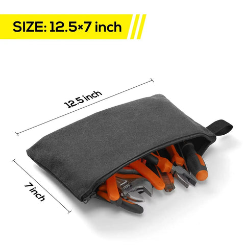 4 Pack Canvas Tool Pouches With Zippers, 16 Oz Heavy Duty Small Tool Bags holding tools, size 12.5x7 inches, shown in gray.