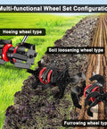 Multi-functional wheel set of the Rugged Heavy Duty Garden Tiller Cultivator Attachment with metal construction for farming.