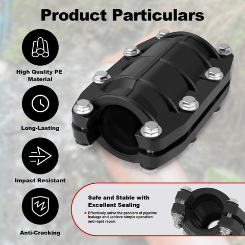 Front view of XDENGP 3/4 inch pipe repair clamp, black plastic body with metal bolts for pipe leak repair.