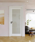 32x80 Inch Solid Core Pre Finished Frosted Glass Interior Door Slab With Full Glass Swing Shaker Style in a modern living room