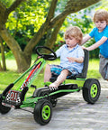 Two kids with a green 40-inch Kids Off Road Pedal Go Kart with Adjustable Seat Dual Safety Brakes EVA Rubber Tires.
