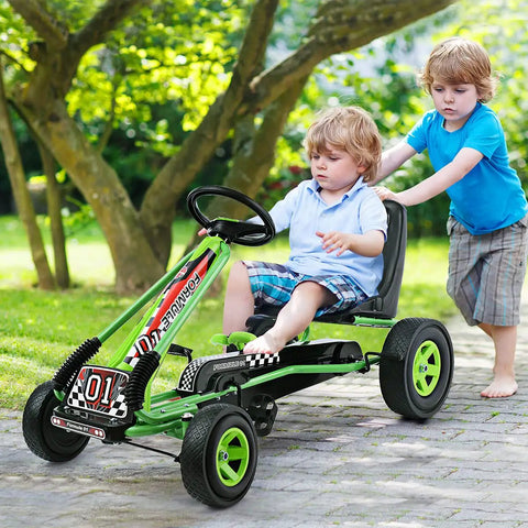Two kids with a green 40-inch Kids Off Road Pedal Go Kart with Adjustable Seat Dual Safety Brakes EVA Rubber Tires.
