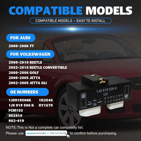 Volkswagen Cooling Fan Relay Control Module For Beetle 2000-2010 Golf 2000-2006 Jetta 2000-2005 And Audi TT 2000-2006 Replace FCM103 902419 1J0919506K RY1670 1R3546 with car background