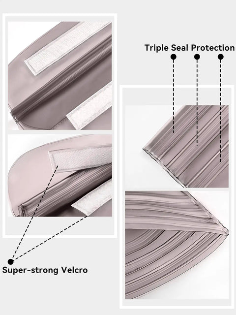 Close-up of waterproof fanny pack and dry bag set showing triple seal protection and super-strong Velcro for phone and wallets.