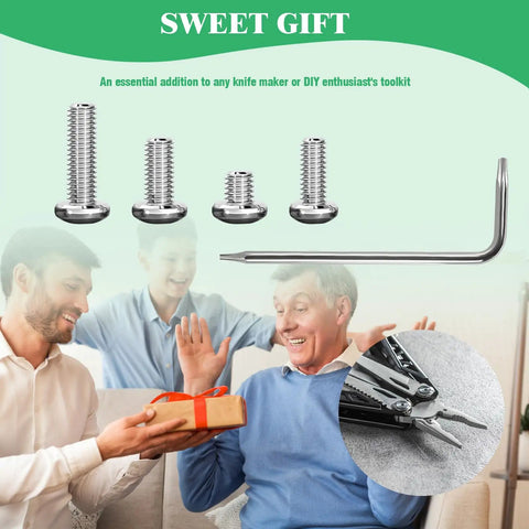 Image showcasing 121 Piece 304 Stainless Steel Pocket Blade Knife Handle Screws Assortment Set including screws and torx driver gift.