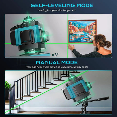 16 Line Green Laser Level 360 Self Leveling Pro Grade 4D Cross Line With Remote And 2 Batteries Adjustable Brightness 360 Degree Coverage For Tiling Flooring Construction And Picture Hanging With Accuracy To One Tenth Inch At 8 Ft., self-leveling mode and manual mode on wall and stairs