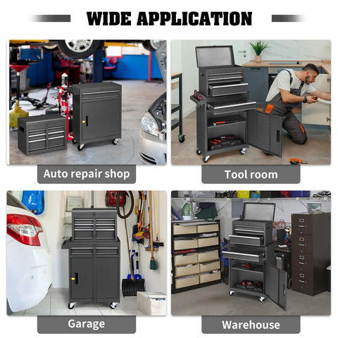 Heavy Duty Rolling Tool Chest With Removable Top Storage Box And Four Wide Compartments For No Fuss Garage Organization Slick Mechanic Cart Setup In Classic Black Finish