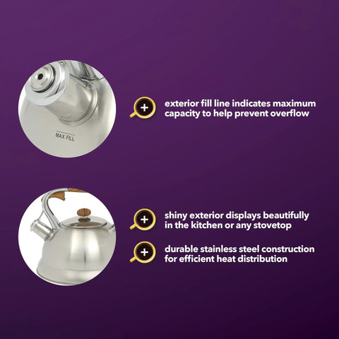 Features of Stainless Steel 2 Quart Tea Kettle With Wood Handle For Stovetop Whistling Water Pot Durable Fast Boil Tea Kettle Built For Home Kitchen Daily Tea Lovers Who Want Hot Water In A Flash