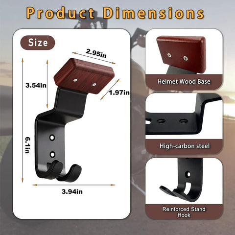 Heavy Duty Bike Helmet Wall Mount With Two Key Hooks Solid Wood Base And Steel Frame Rugged Gear Hanger dimensions