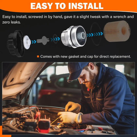 Mechanic installing Oil Filter Housing Cap Assembly With Plug And Gasket Direct OEM Replacement For Camry RAV4 Highlander Sienna