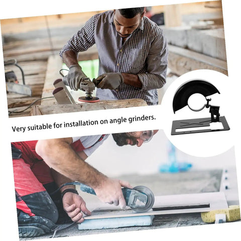 Two users demonstrating Heavy Duty Angle Grinder Protective Cover And Spark Guard Stand Featuring Rock Solid Balanced Base Holder For Power Tool Setups.