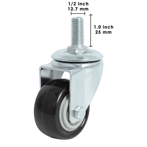 Swivel caster wheel with 1/2-inch threaded stem, black polyurethane wheel and metal housing.