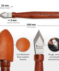 Premium Woodworking Marking Knife With Razor Sharp High Carbon Steel Blade And Durable Wooden Handle Comes With Heavy Duty Real Leather Sheath, showing blade and sheath details.