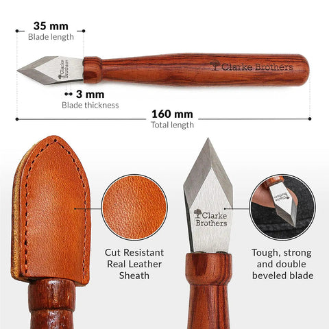 Premium Woodworking Marking Knife With Razor Sharp High Carbon Steel Blade And Durable Wooden Handle Comes With Heavy Duty Real Leather Sheath, showing blade and sheath details.